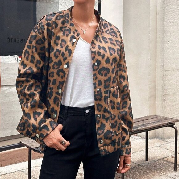 Multicolor Casual Women's Animal Leopard Print Wool Blend Jacket - Picture 6 of 6